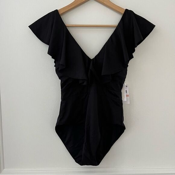 Trina Turk Monaco Solids Ruffle Plunge One Piece Swimsuit Size 2 NWT in Black - Picture 5 of 10